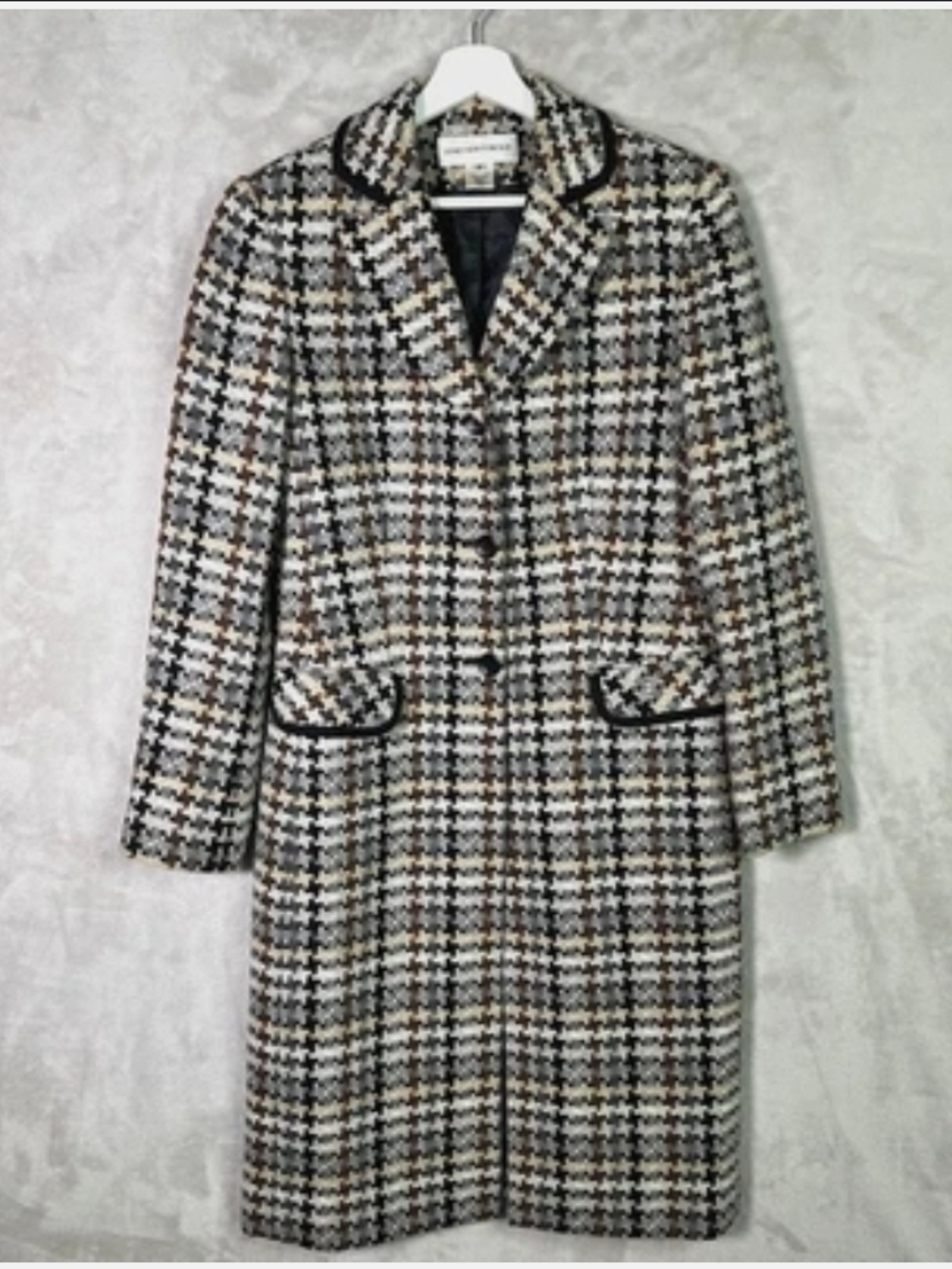 Vintage NWOT Jones New York Houndstooth Long Coat in Black, Tan & Brown Sz 8
